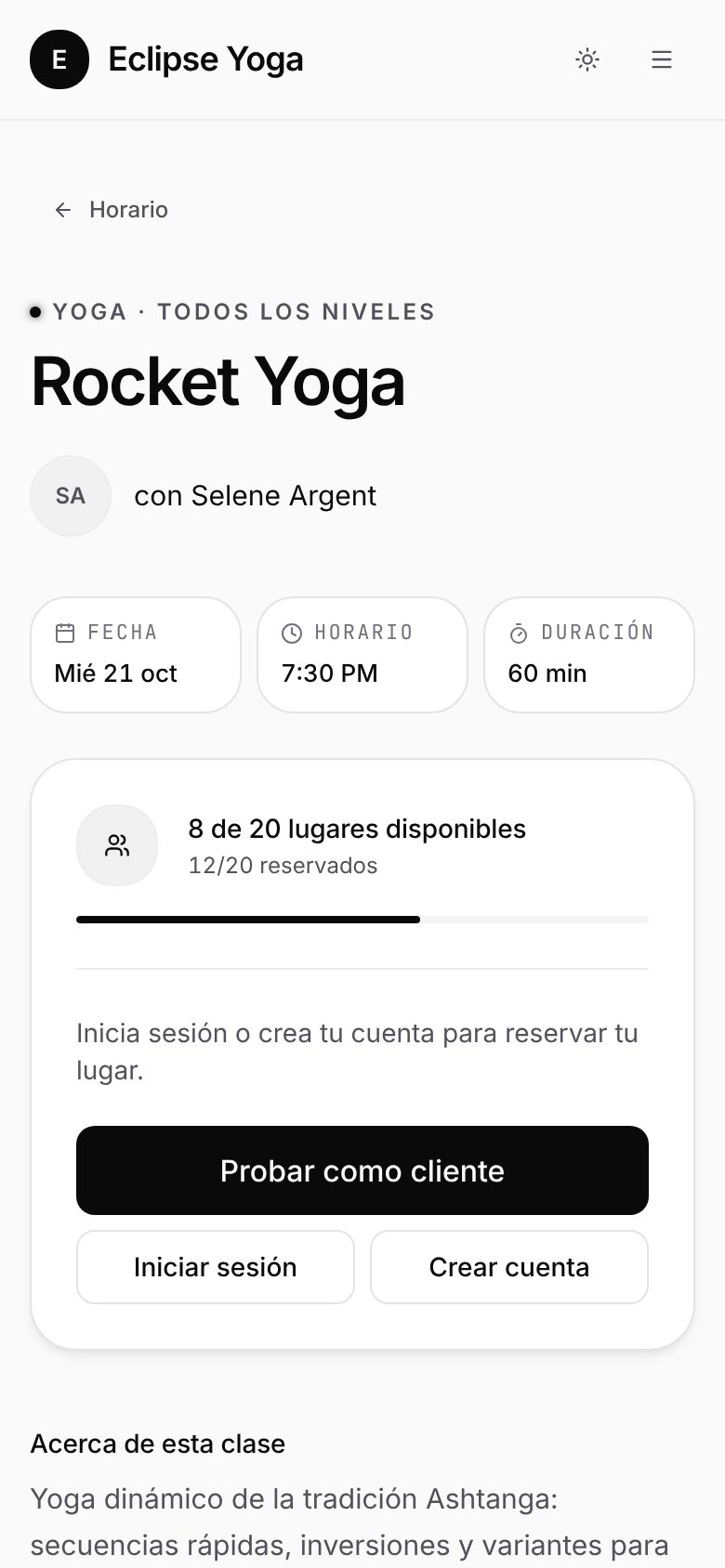 Una clase en el celular: fecha, horario y duración, los lugares disponibles y el botón para reservar.