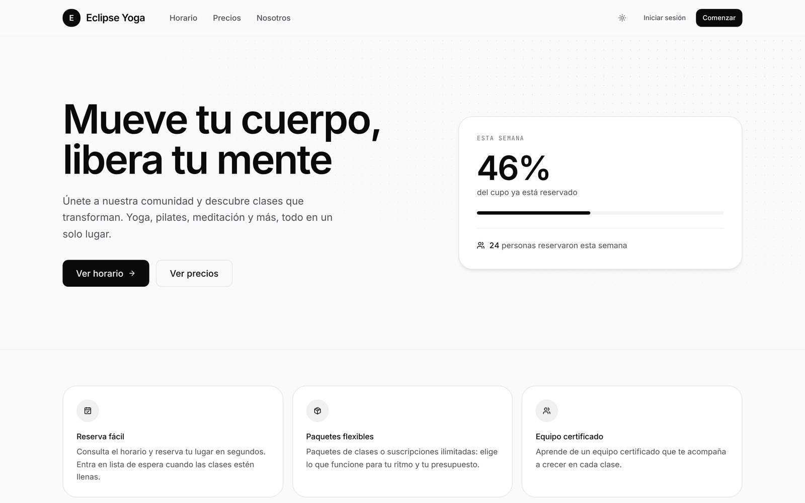 Portada del sitio de un estudio en Eclipse: título grande, botones para ver horario y precios, y una tarjeta con el 46% del cupo de la semana reservado.